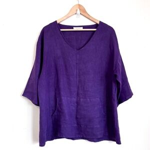Bryn Walker Womens Linen Lagenlook Top Size S Purple Oversized Pocket Boho Tunic